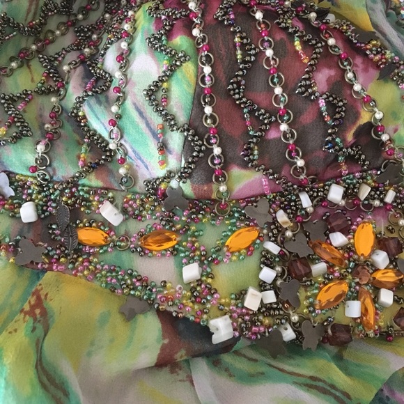 Sue Wong multicolored beaded silk halter dress with handkerchief hemline - Picture 7 of 8